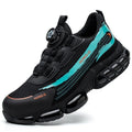 Low-top lightweight work safety shoes with laces in black, grey, or blue, featuring a steel toe cap.