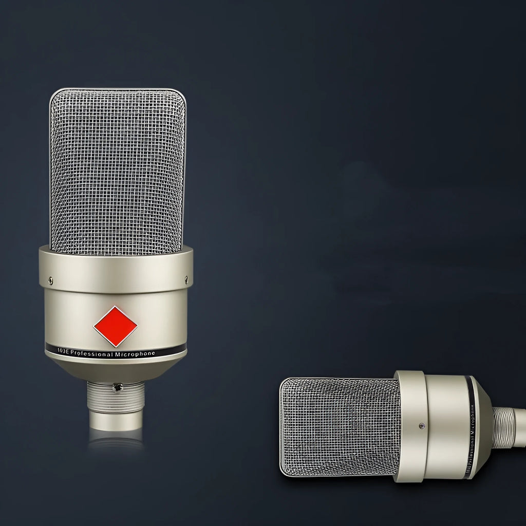 Wired condenser microphone with stand in champagne gold or black gold finish for recording and live broadcast.