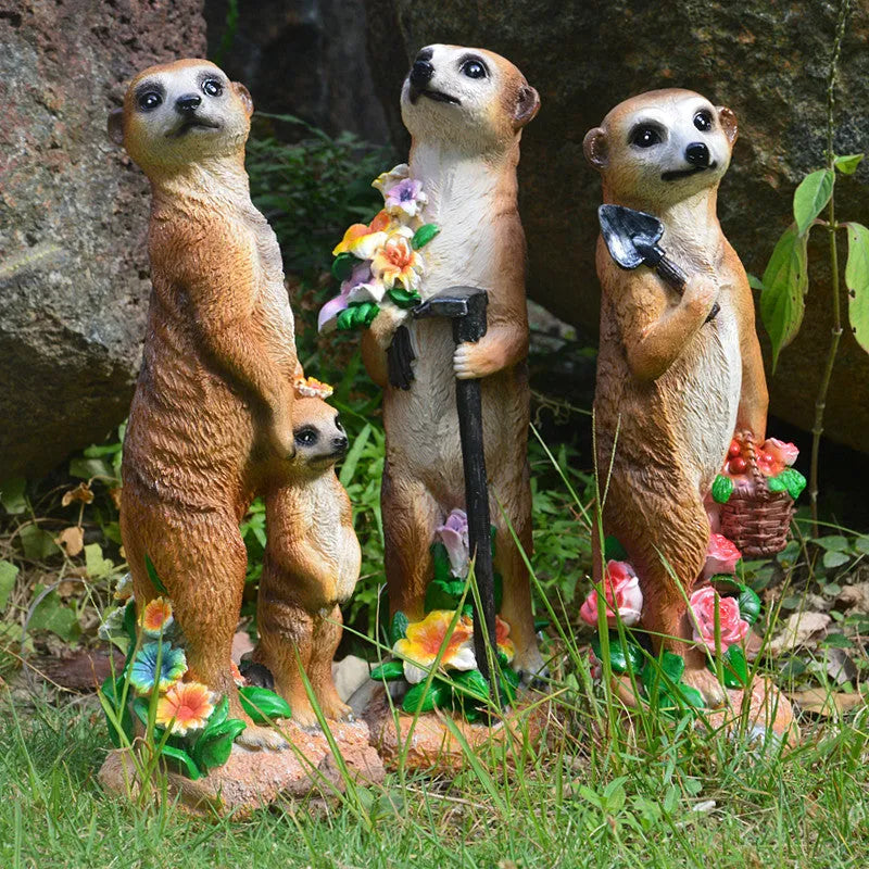 Straw hat mongoose plastic resin garden ornaments in three colour variations