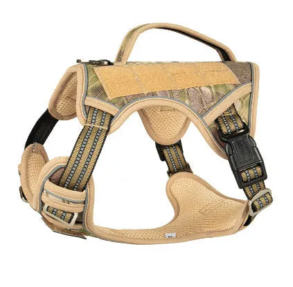 Working dog tactical chest strap harness in Oxford cloth with adjustable sizing and camouflage colour options