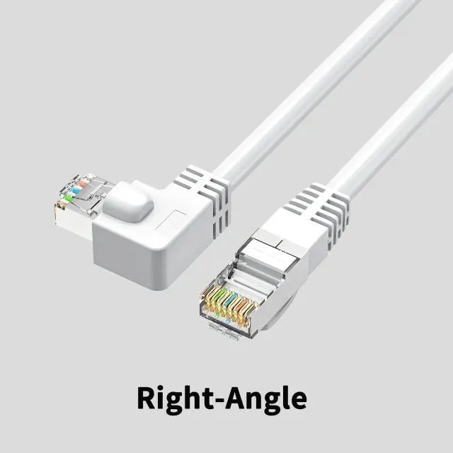 Cat6 Ethernet cable with right-angled RJ45 connector in various colours and lengths