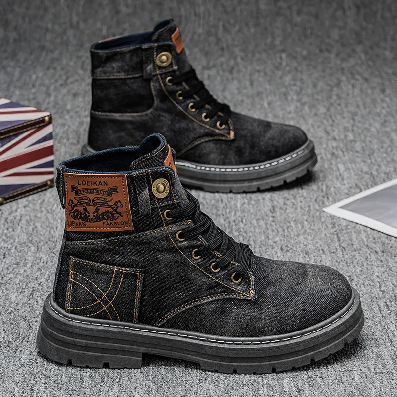 Plus size men's mid-top canvas Martin boots in black, round toe, PVC sole injection moulded