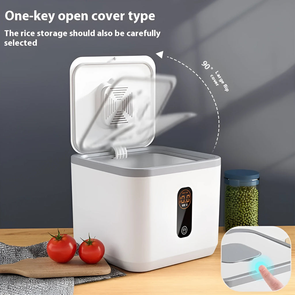 Grey plastic rice storage jar with lid and a measuring cup, for 10kg 20kg or 30kg capacity.