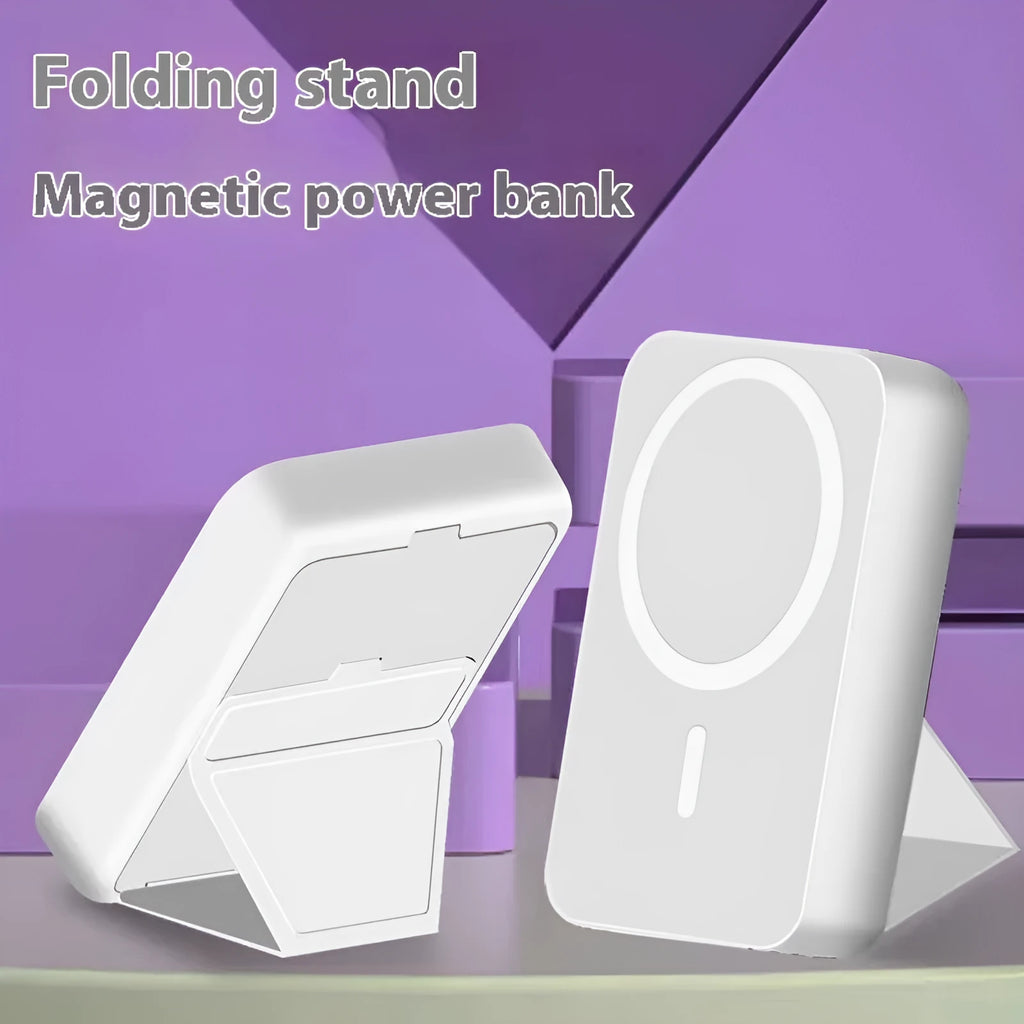Folding bracket magnetic suction power bank in white with 10000mAh capacity and compact plastic shell