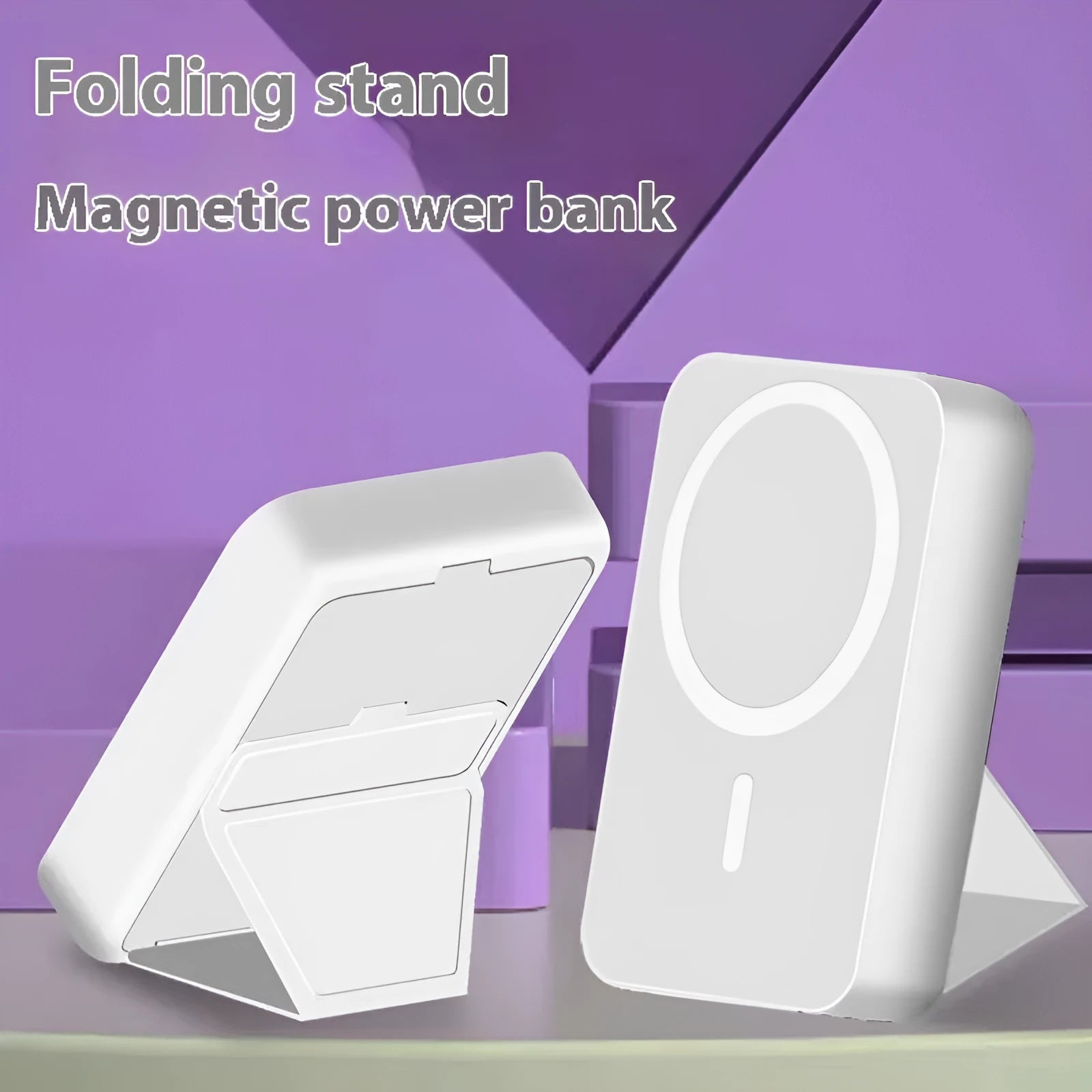 Folding bracket magnetic suction power bank in white with 10000mAh capacity and compact plastic shell