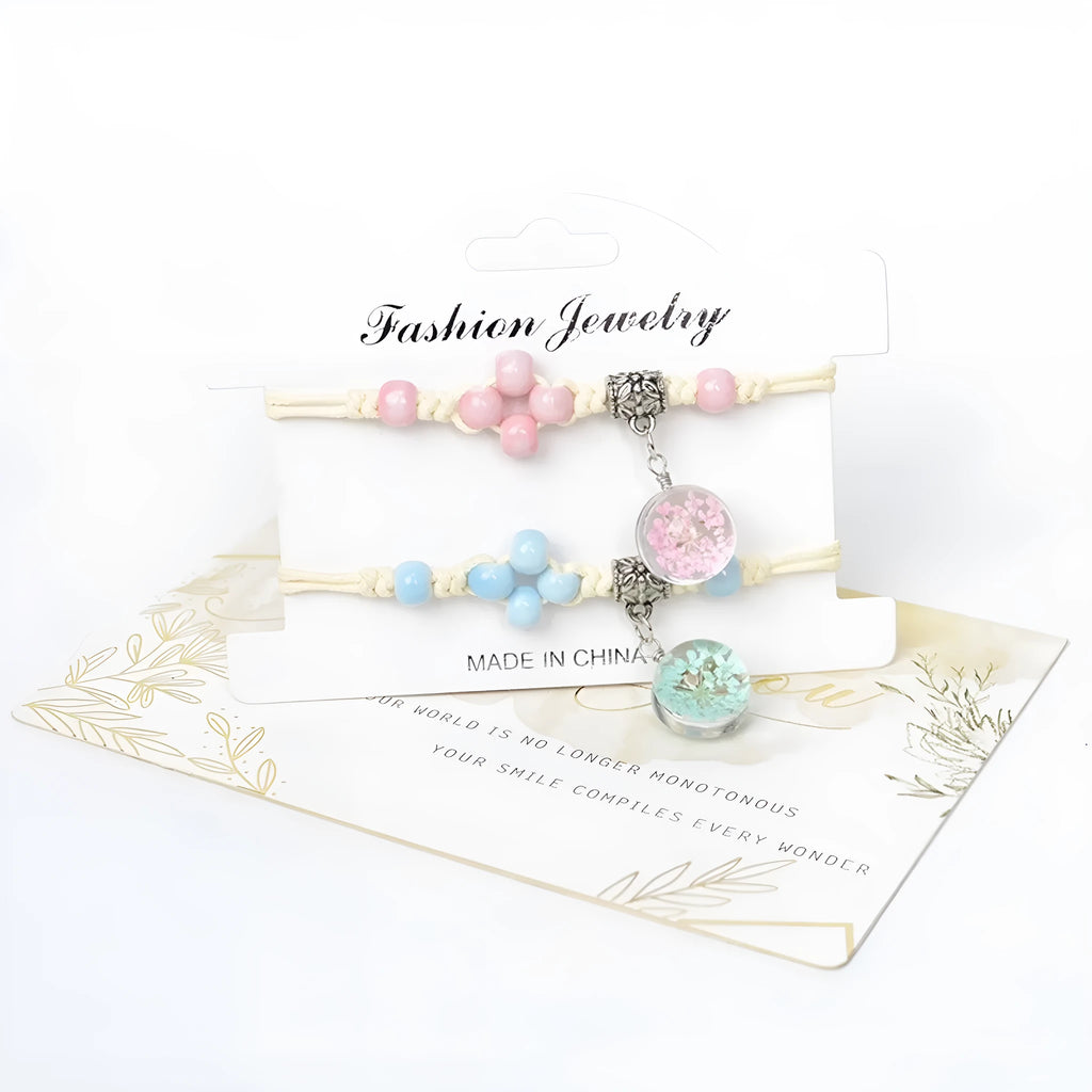 Glass dried flower bracelet with real preserved flowers and colourful 1.4cm beads in hand-woven design