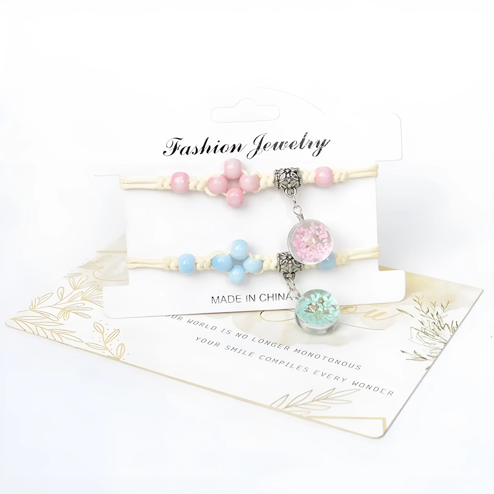 Glass dried flower bracelet with real preserved flowers and colourful 1.4cm beads in hand-woven design