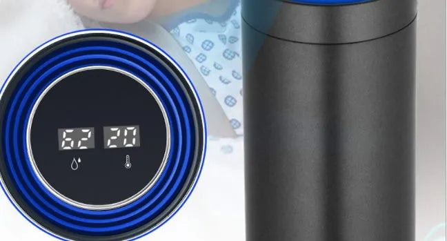 Aluminium alloy car air purifier with display screen showing air quality, placed on a car dashboard.