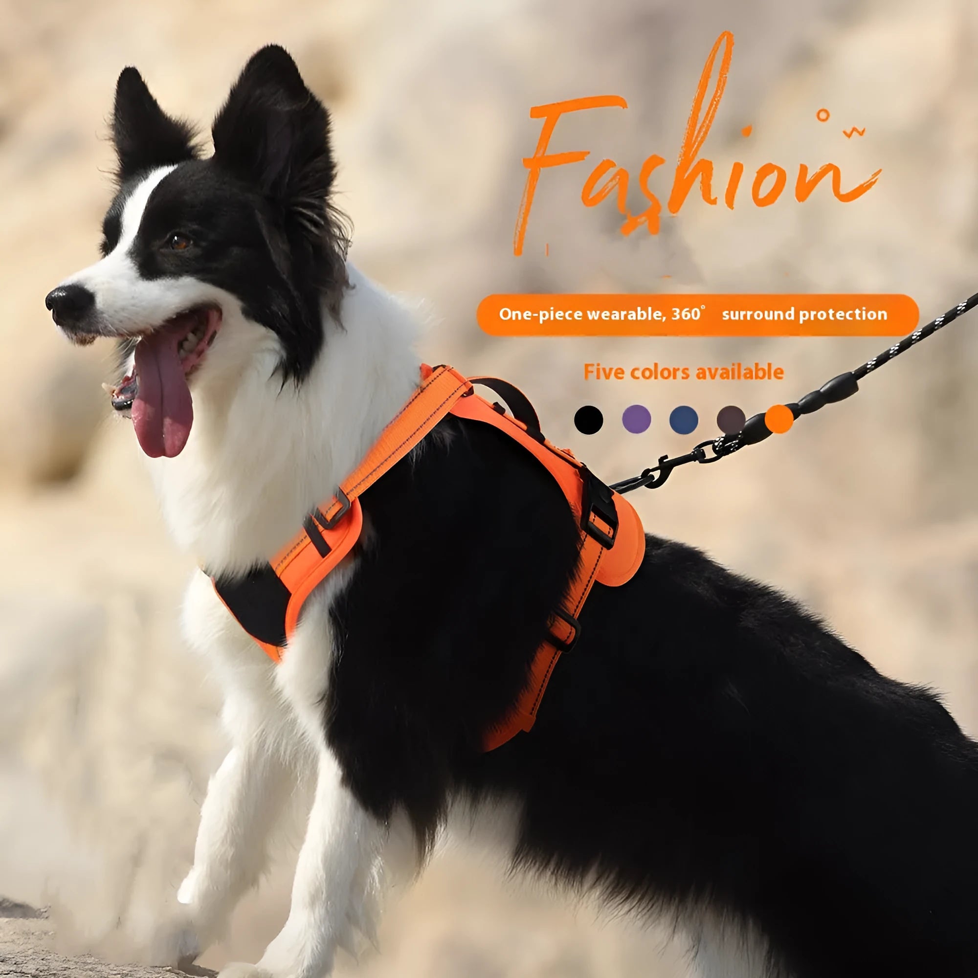 Reflective dog harness and lead set with hand-holding rope in multiple colour options