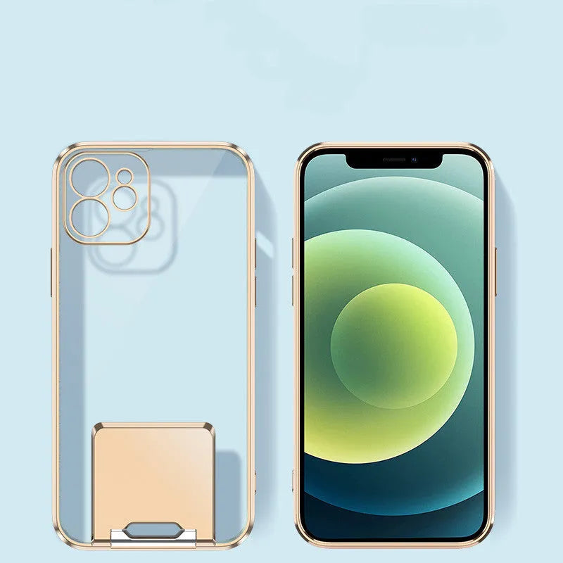 Transparent TPU bracket phone case with electroplating finish in blue, for iPhone 12 Pro Max