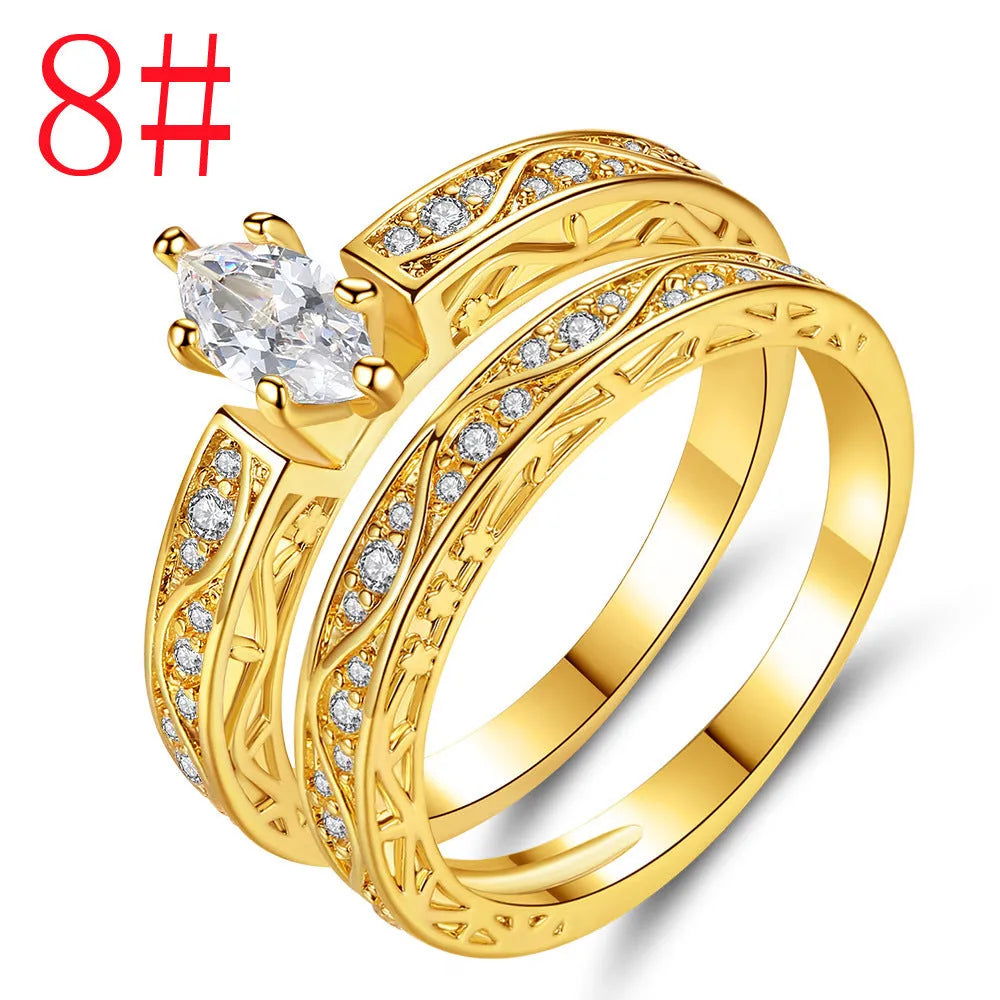Pair of copper couple rings with horse eye zircon stone, geometric shape, electroplated finish, sizes 6-9