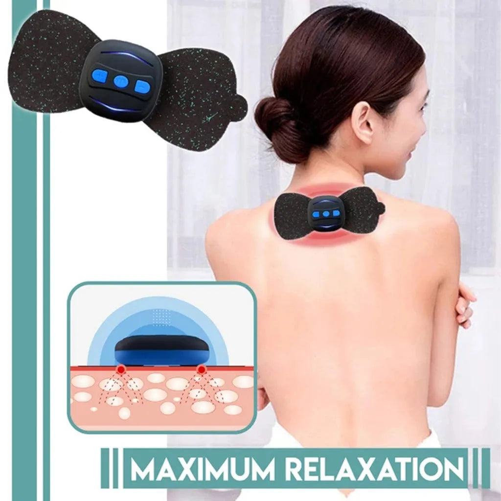 Portable mini neck massager in black with USB cable and single massage patch