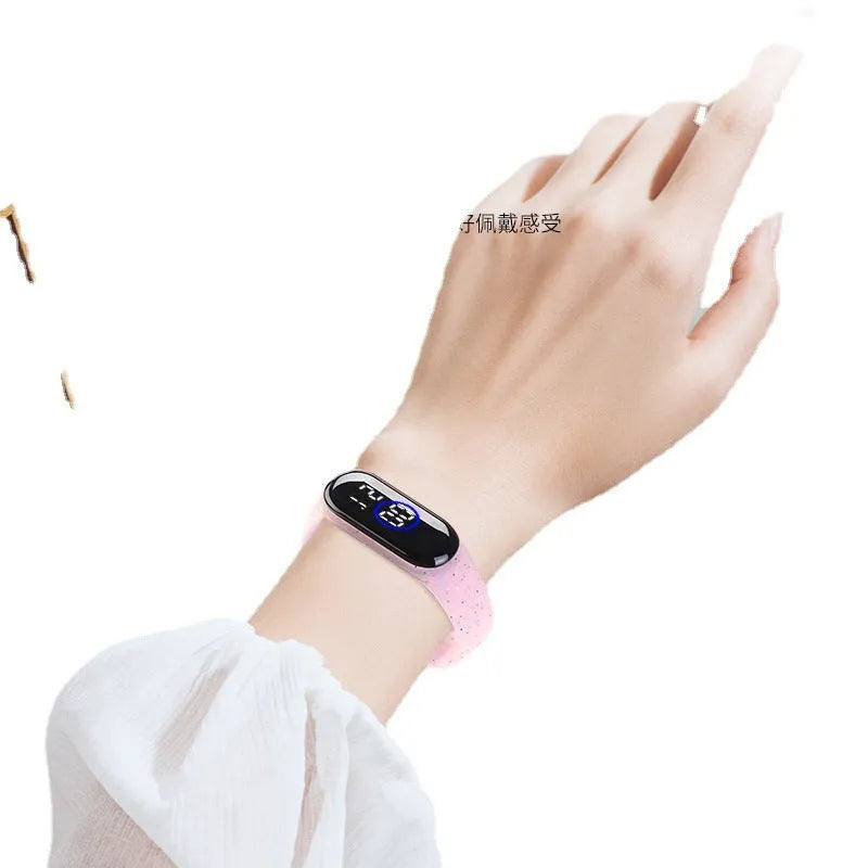 Boys electronic digital bracelet watch with 50m waterproof, rectangular dial, silicone strap, plastic case, touch operation