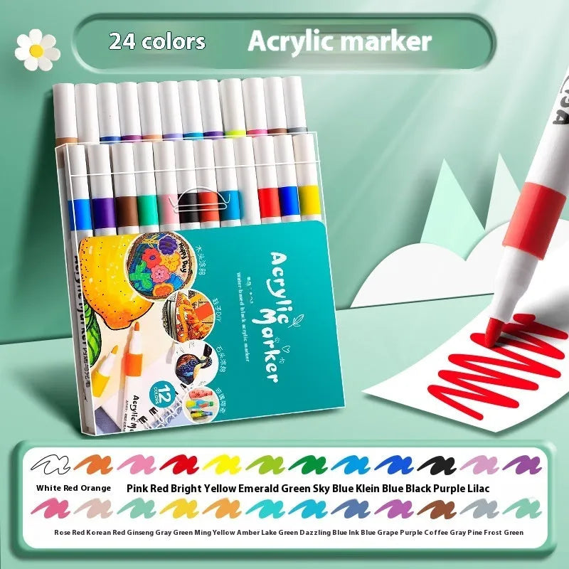 Box of acrylic marker pens for student painting with true colour pigments in multicolour assortment