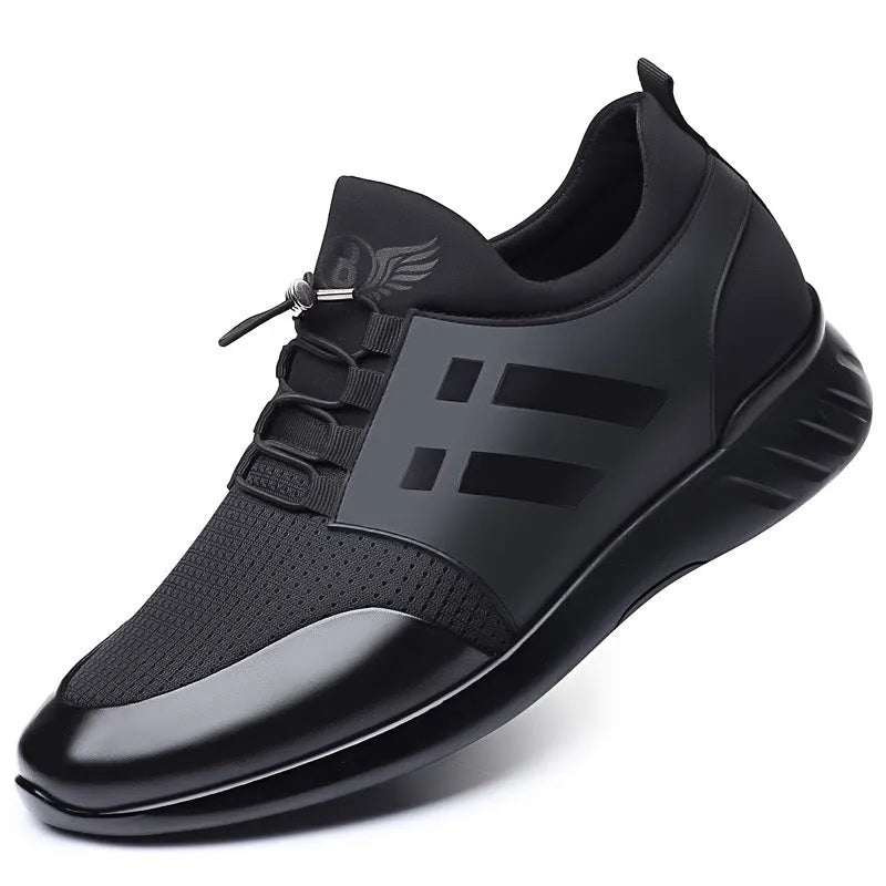 Men's black casual height increasing shoes with chunky heel and round toe in leather, mesh, or Lycra.