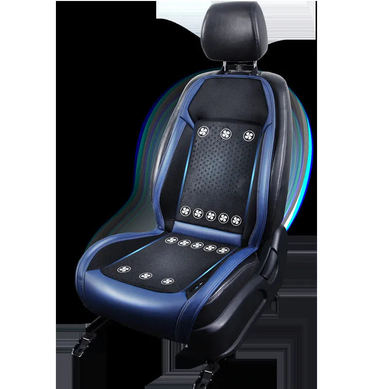 Car seat cooling pad with solid colour design showing USB and 12V power connections