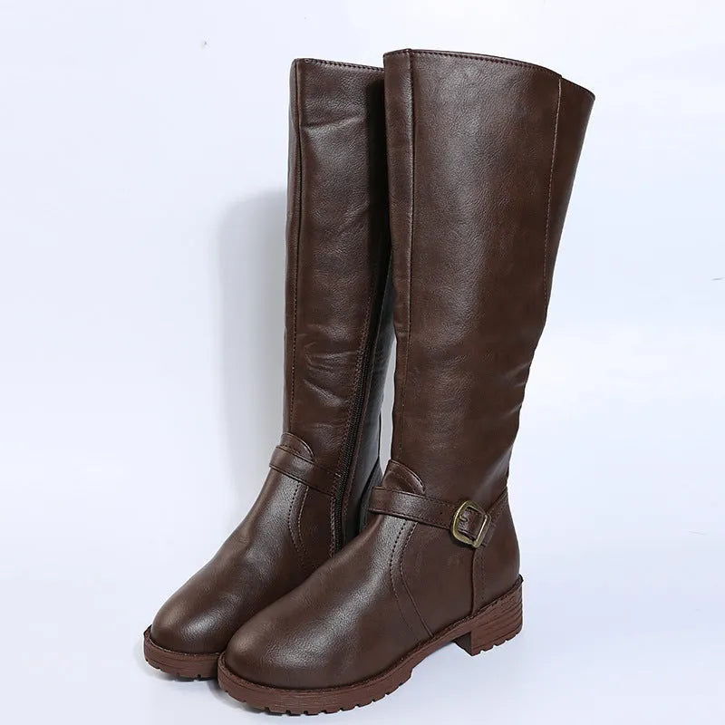 Women's solid-colour knight-style high boots with a square heel, round toe, and belt buckle detail.