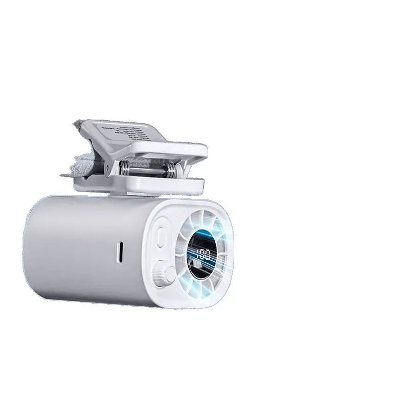 White clip fan with six blades and four speed control, USB powered, on a desk edge
