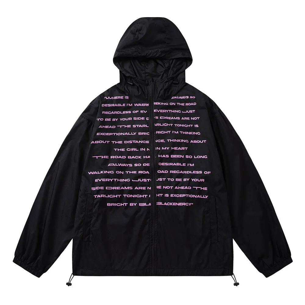 Men's nylon sun protection jacket with letters print in gray, shown on a model