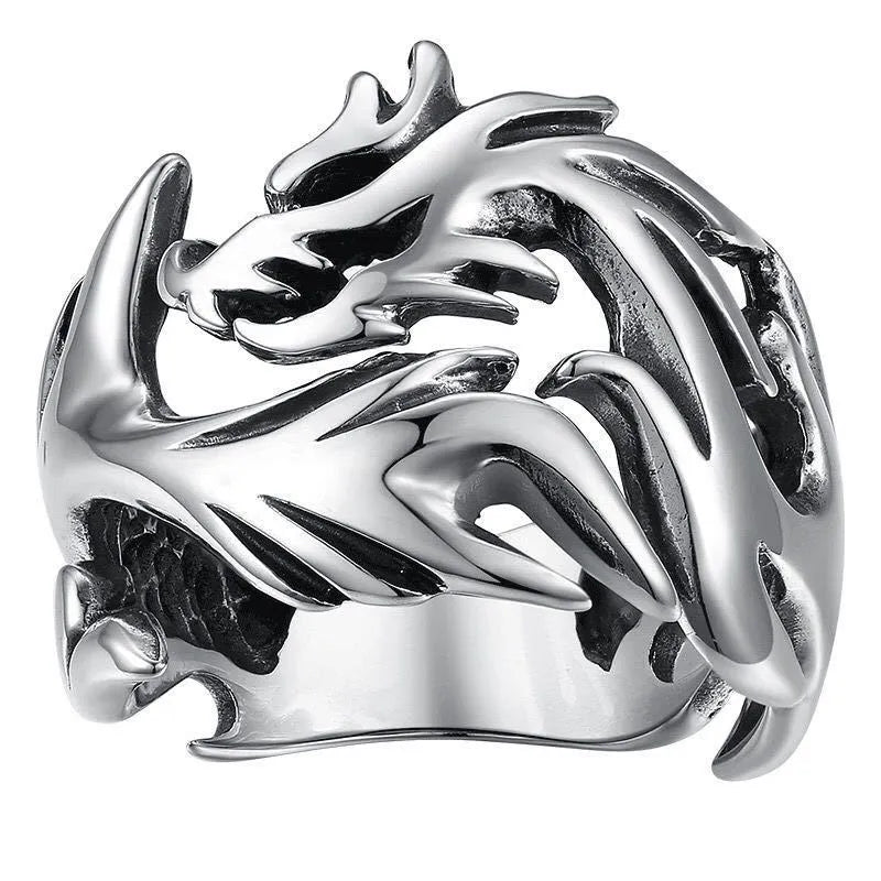 Adjustable Chinese style ring with luminous dragon pattern in antique silver blue and green electroplated metal