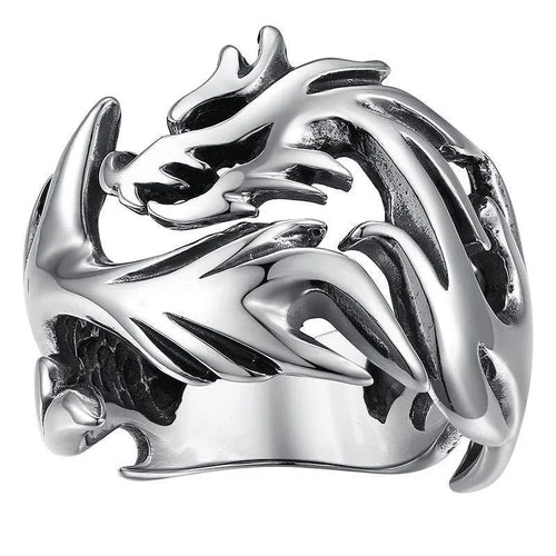 Adjustable Chinese style ring with luminous dragon pattern in antique silver blue and green electroplated metal