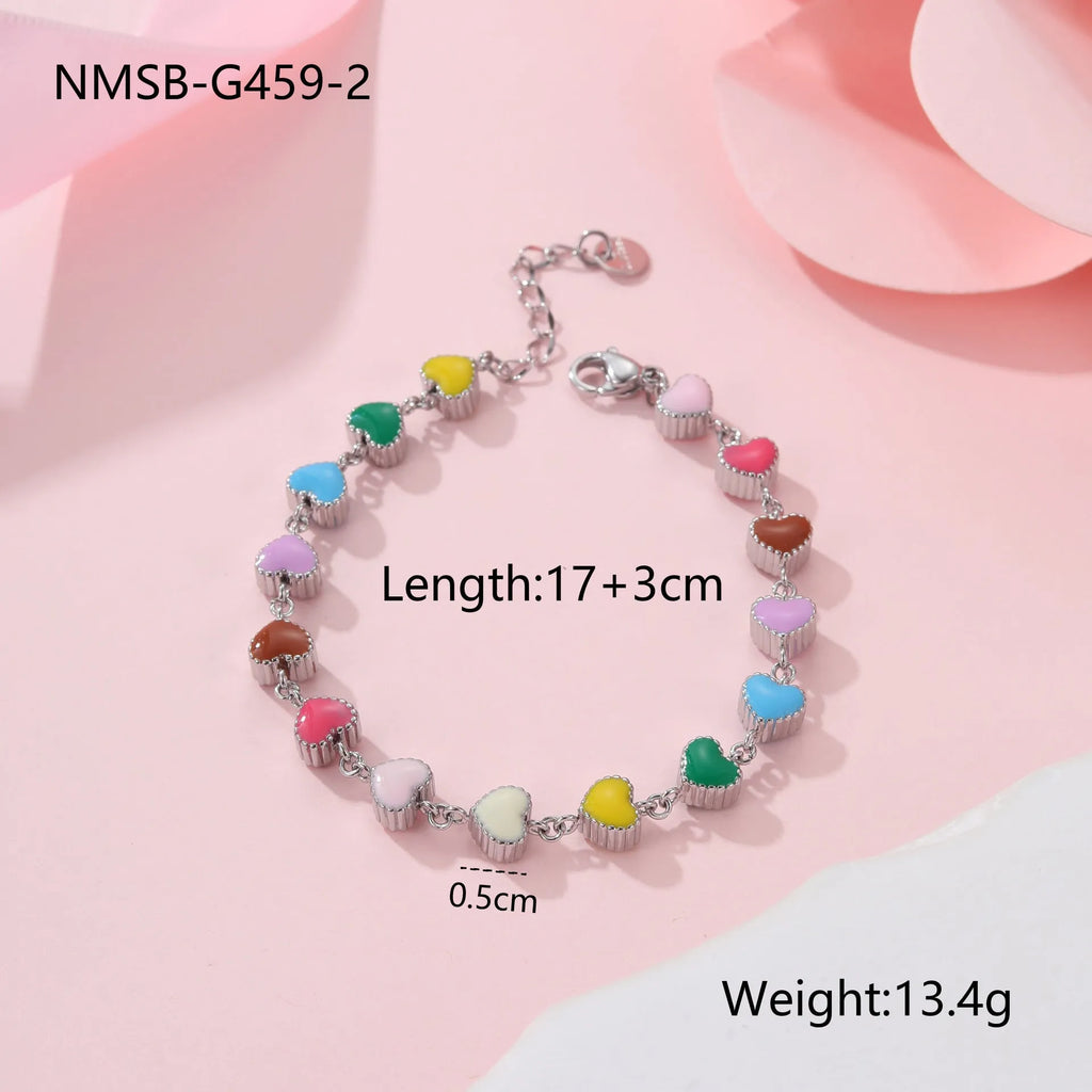 Women's stainless steel bracelet with colourful oil heart pendant on 32cm chain