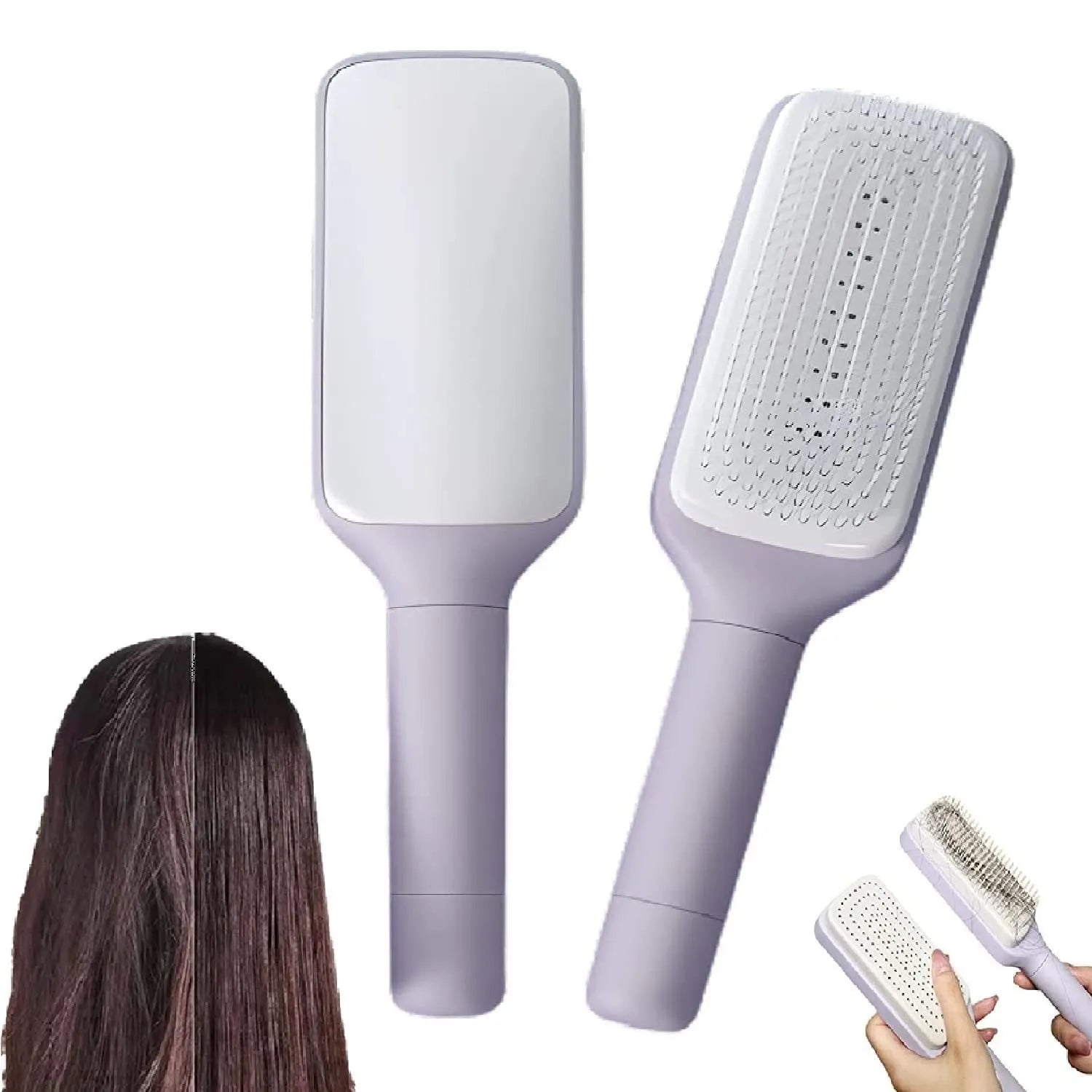 Roland purple self-cleaning hair brush with rotating handle for easy hair removal.