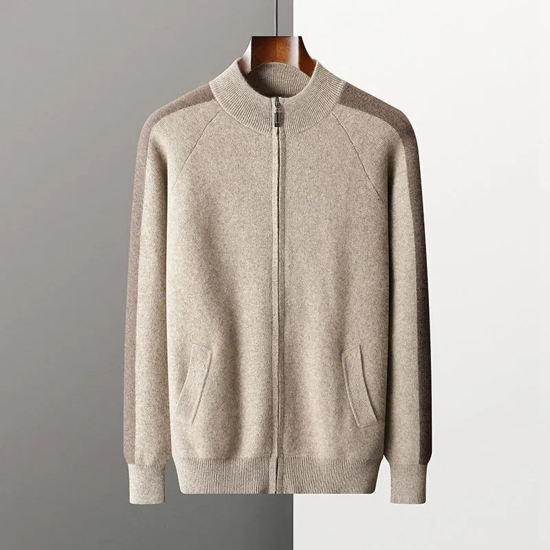 Men's camel cashmere wool blend winter cardigan suit with zip front and matching trousers