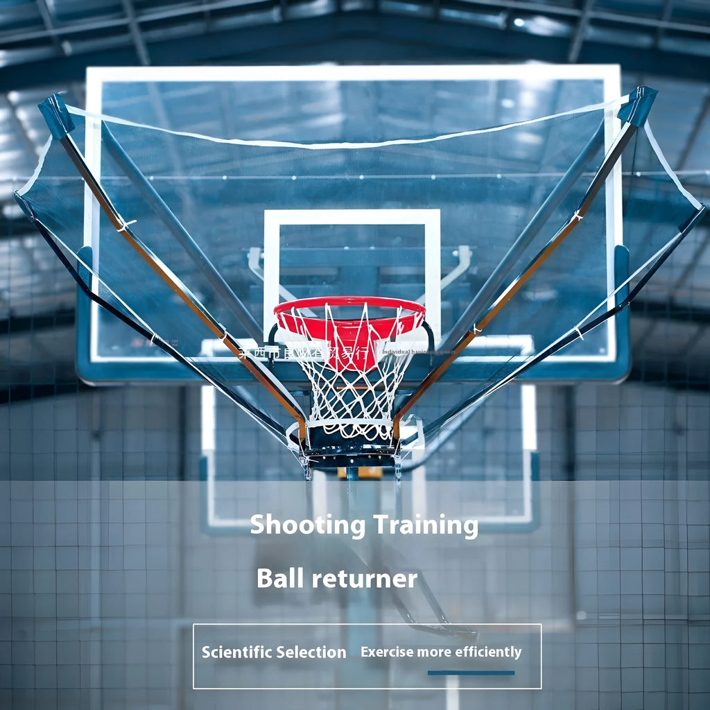 Automatic basketball return training unit hanging from a hoop for solo shooting practice.