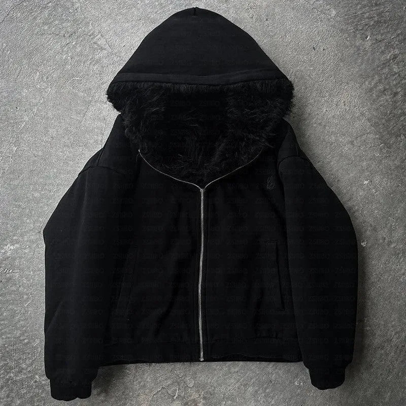 Unisex casual coat in black solid colour with loose baggy fit
