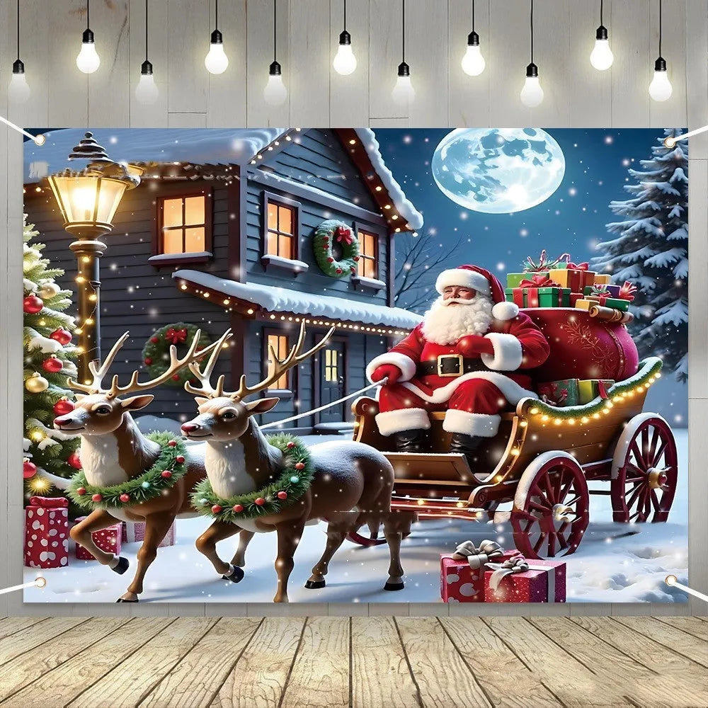 Santa Claus Christmas banner measuring 210 cm wide by 150 cm high on polyester fabric