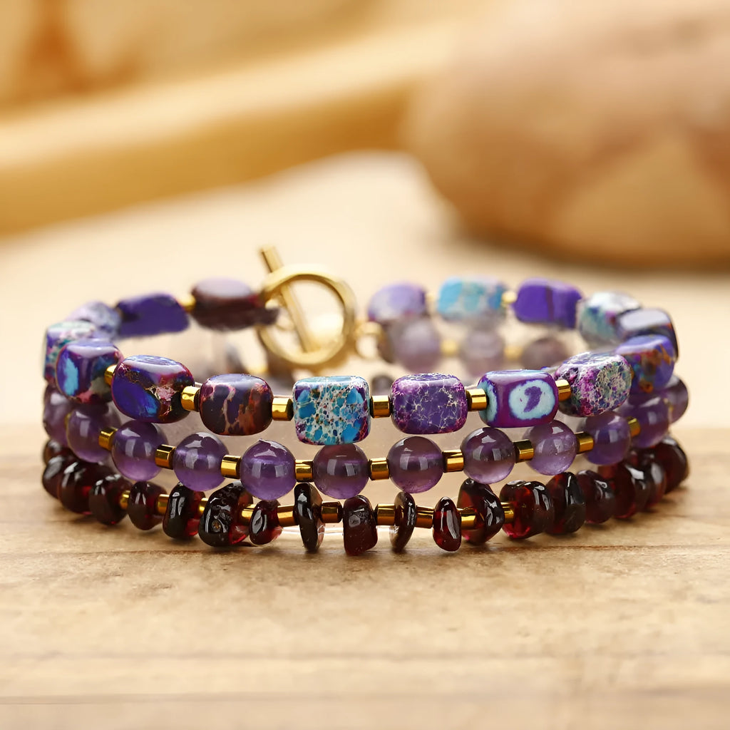 Natural amethyst round beads stone bracelet with garnet, purple colour, geometric shape, unisex style
