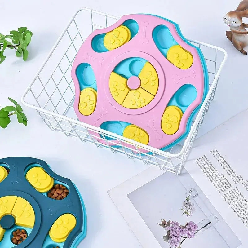 Blue and pink dog puzzle feeder toy for aggressive chewers, a food-searching interactive game.