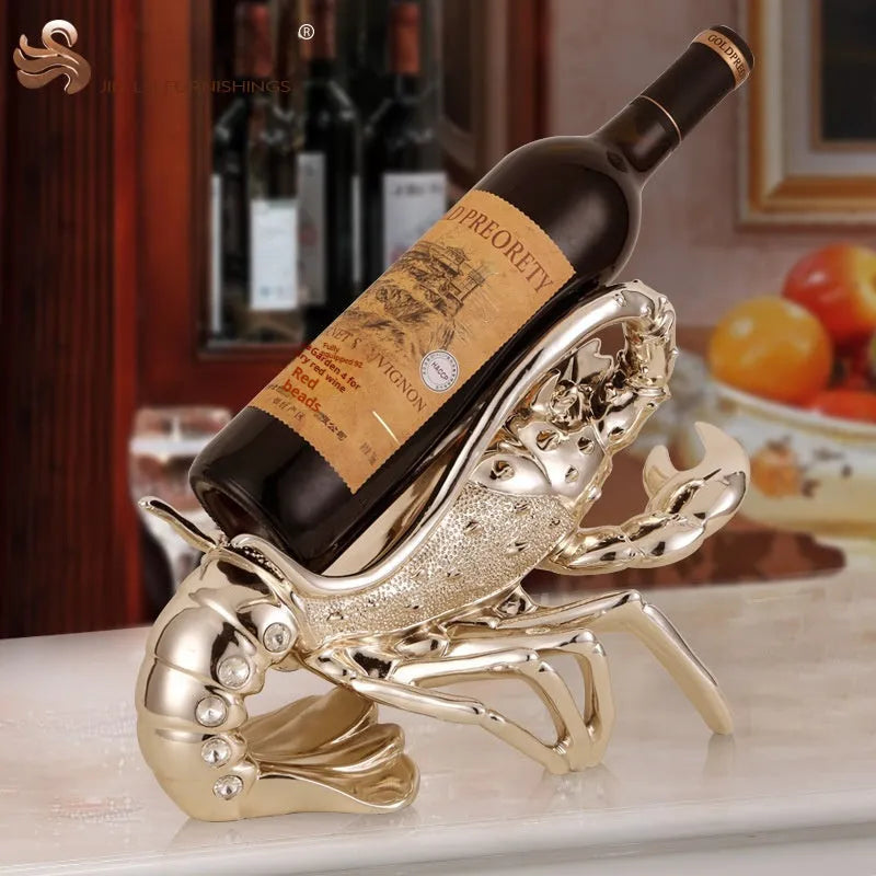 Lobster-shaped resin wine rack ornament in rose gold or silver, holding a wine bottle.