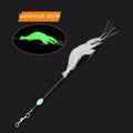 Six soft plastic fishing lures with hooks in assorted colours including black head yellow body and luminous pink