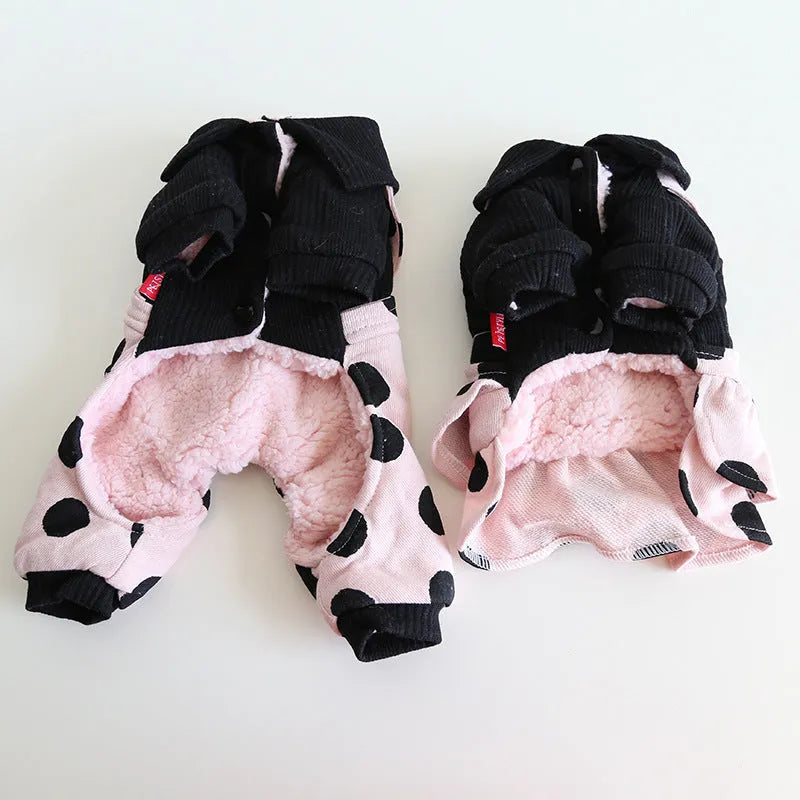 Pet clothing with lapel shoulder strap in casual cloth material showing four-legged and skirt style options