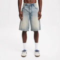 Men's loose fit straight leg jeans in light blue, black, and grey denim for summer street style