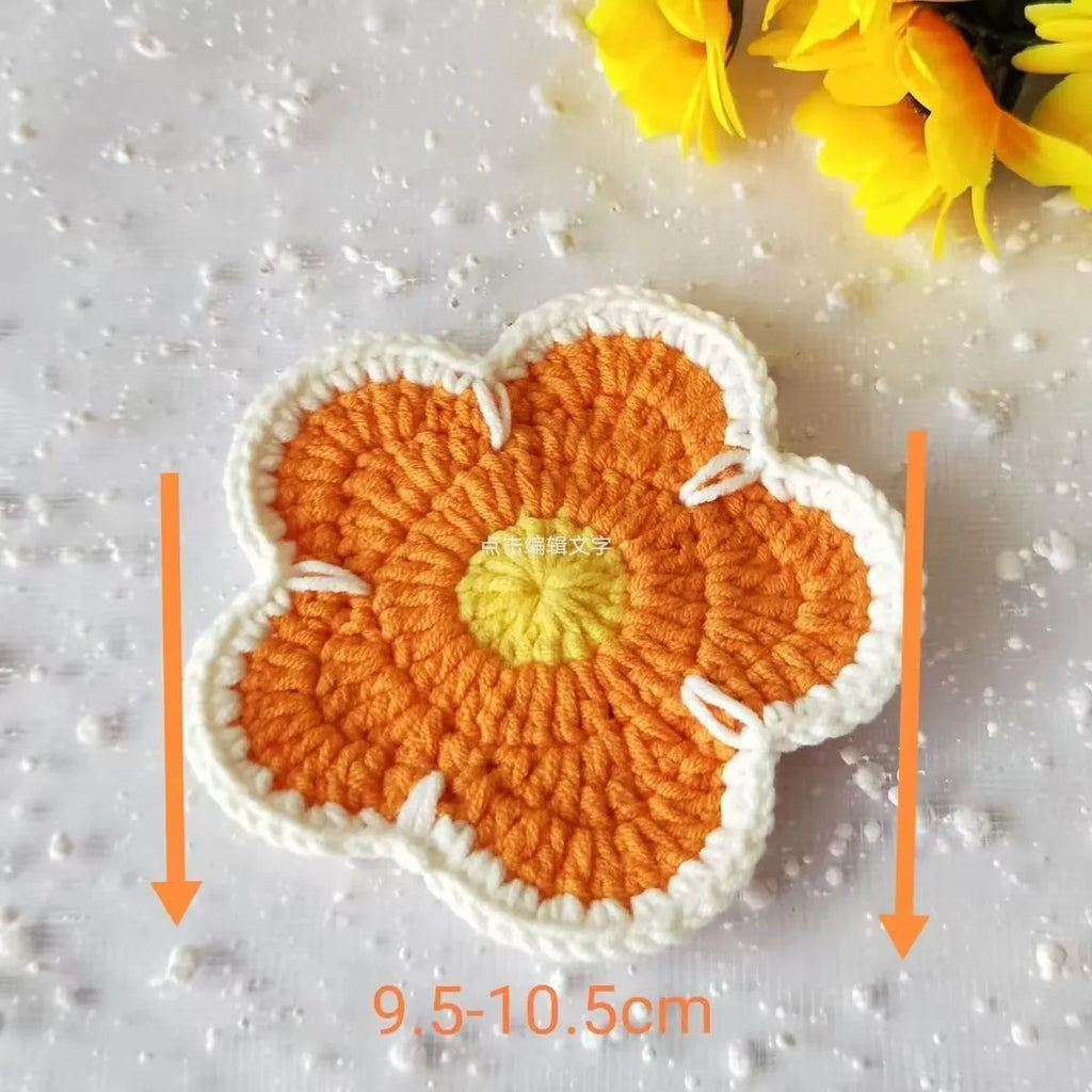 Handmade woven flower coaster set of 5 in orange pink blue purple green polypropylene thread