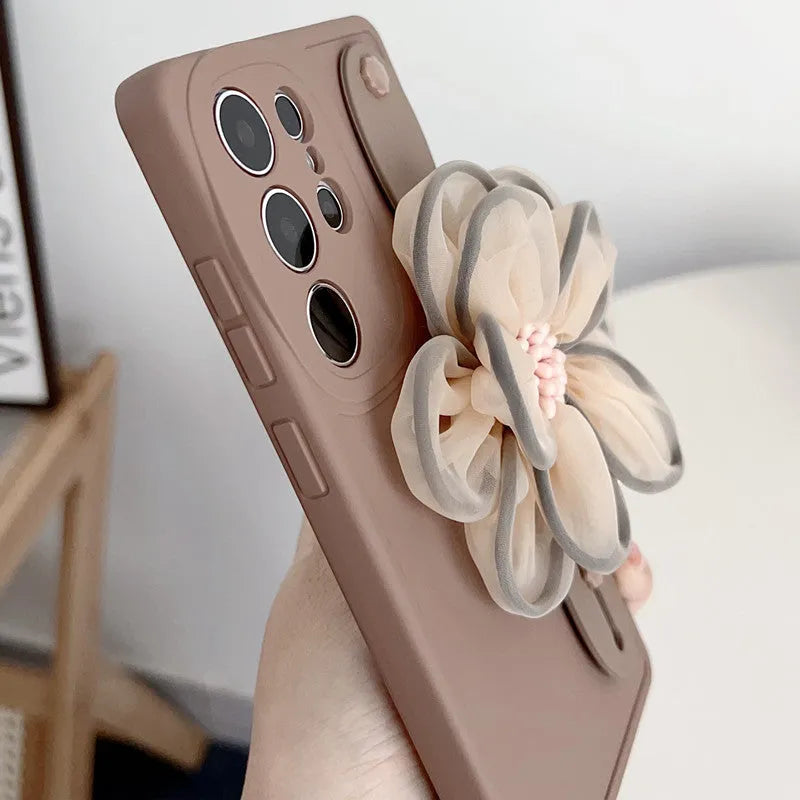Silicone frosted wrist strap bracket phone case for Samsung Galaxy in brown and dark purple colour options