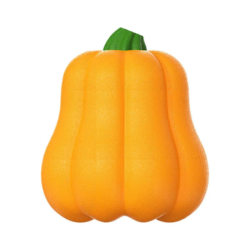 Pumpkin orange plastic dog toy with rope handle and molar-textured chewing surface