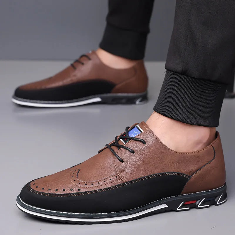 Men's casual leather shoes in black with a fabric upper, leather toe cap, rubber sole, and decorative stitching.