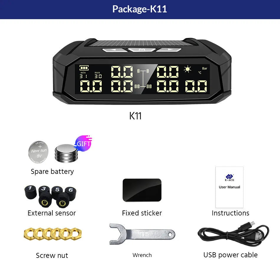 Solar external tyre pressure monitor with colour digital screen for 6-tyre vehicles