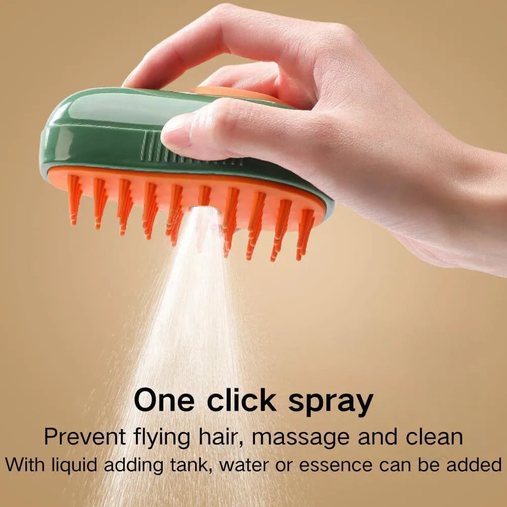 Green and white cat steam brush with water spray feature and silicone teeth for pet grooming