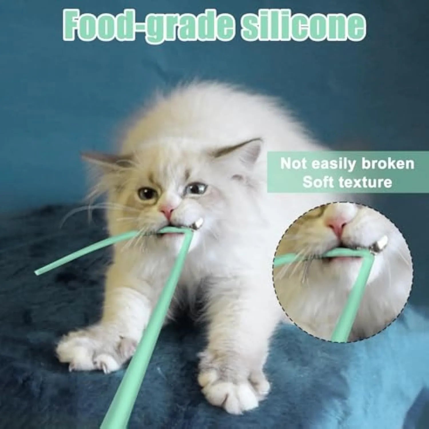 Green automatic cat wand toy with motorised silicone tails swinging, for indoor cat play.