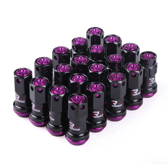 Aluminium alloy forged automobile wheel hub nut in various colours including red, gold, blue, purple, and black combinations.