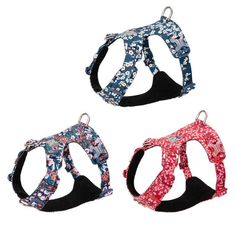 Floral pattern pure cotton pet chest strap harness for dogs and cats in red, blue, or green