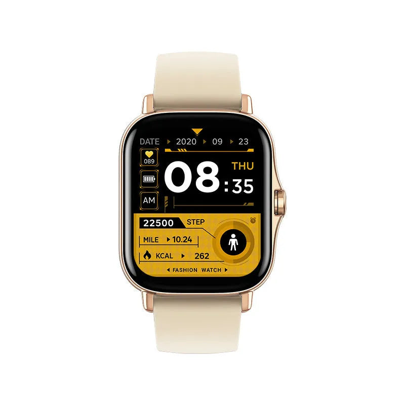 GT20 smartwatch with 1.75-inch screen on silicone band, showing heart rate monitoring display
