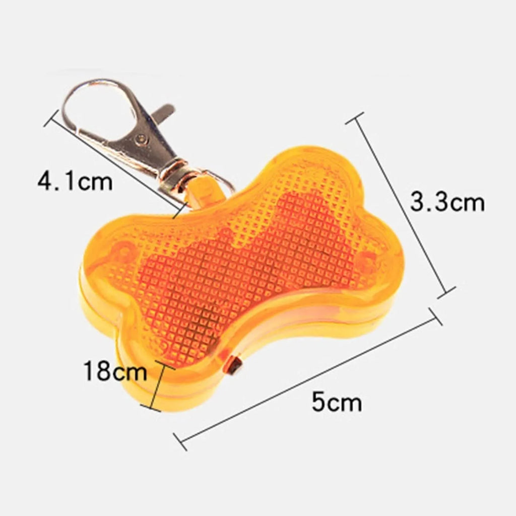 Blue LED luminous bone-shaped pendant for pet collars showing three light mode settings.
