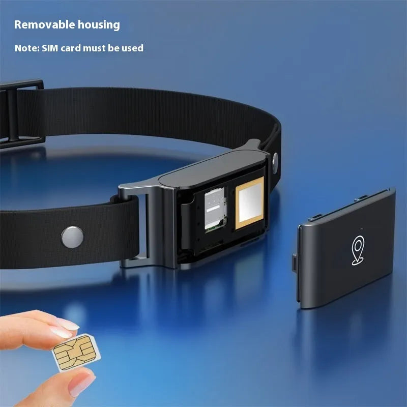 Pet GPS tracking collar locator in compact rectangular shape with ABS PC casing on a dog collar