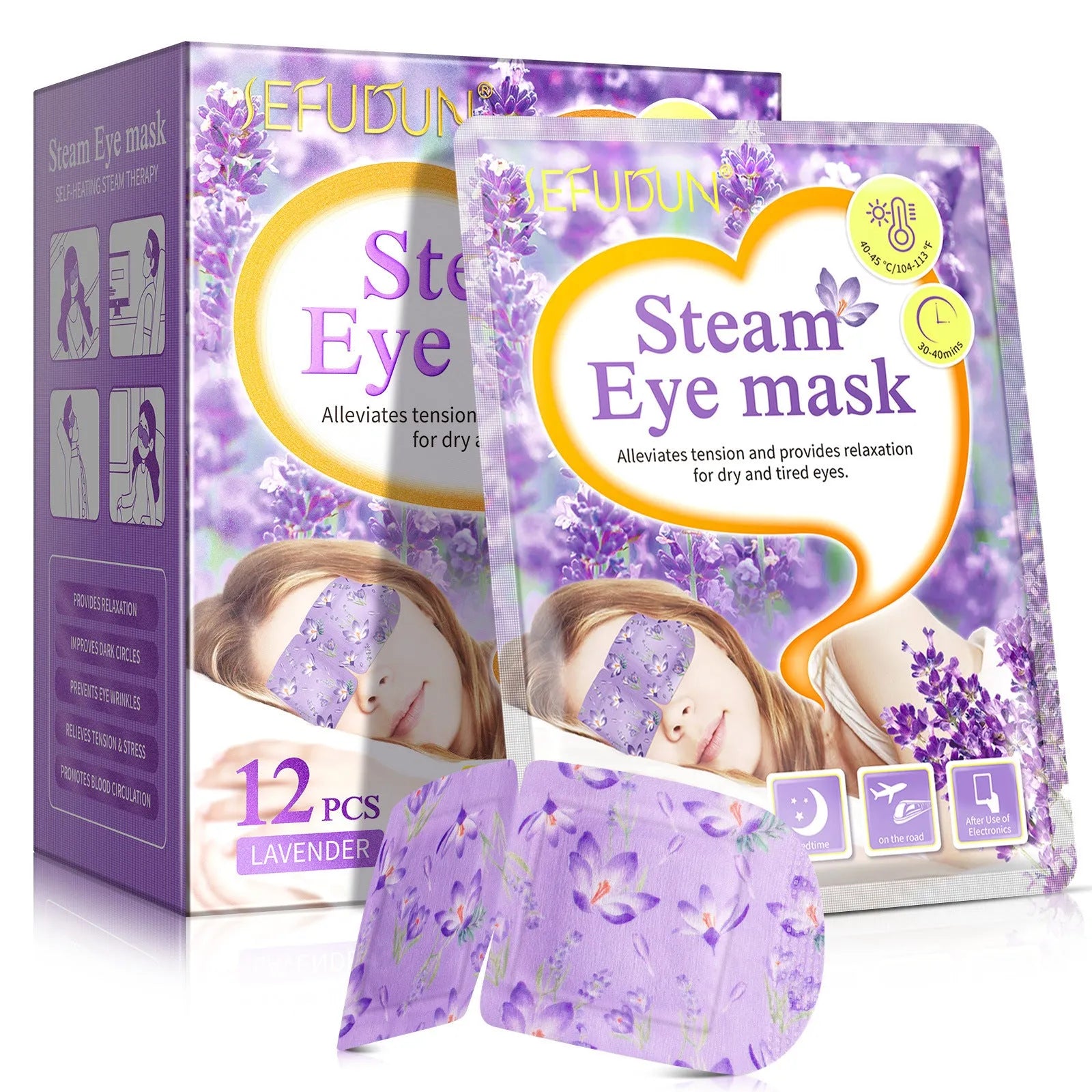 Disposable lavender scented steam eye mask in packaging, 12 pack, non-woven fabric for relaxation.